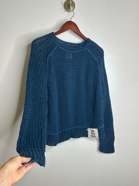 Free People 100% Linen Chunky Knit Oversized Royal Blue Pullover Sweater